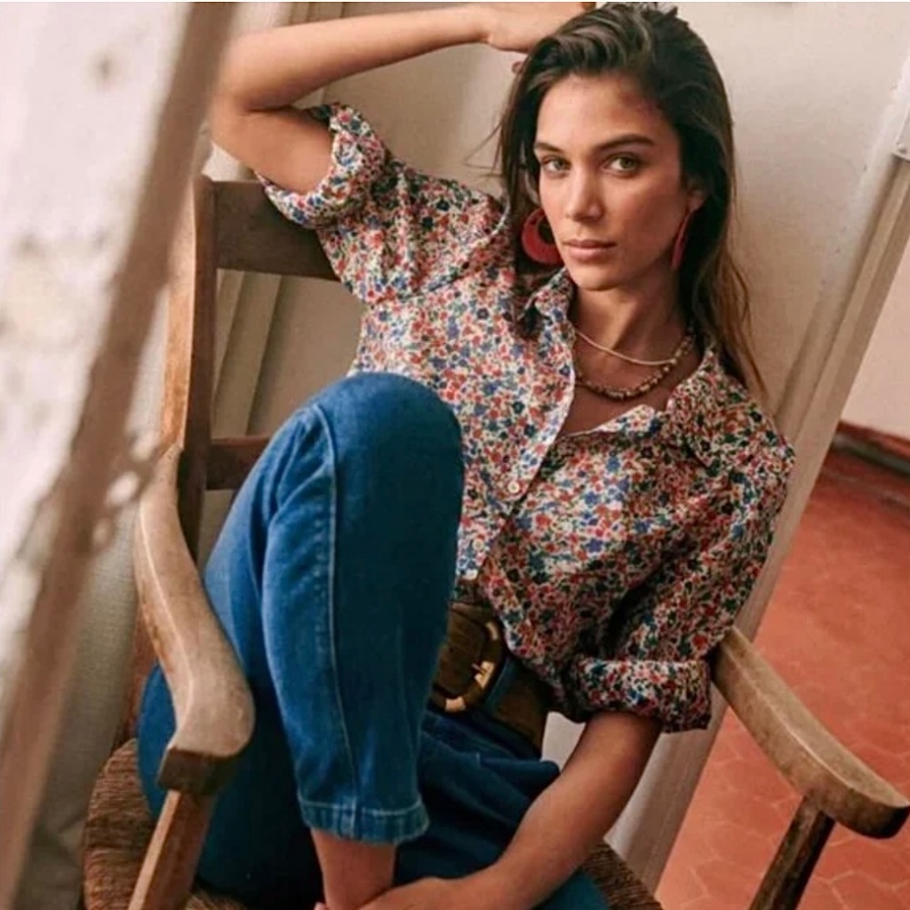 Sezane Claudio Shirt, Mini Fluers Multi, Size 34